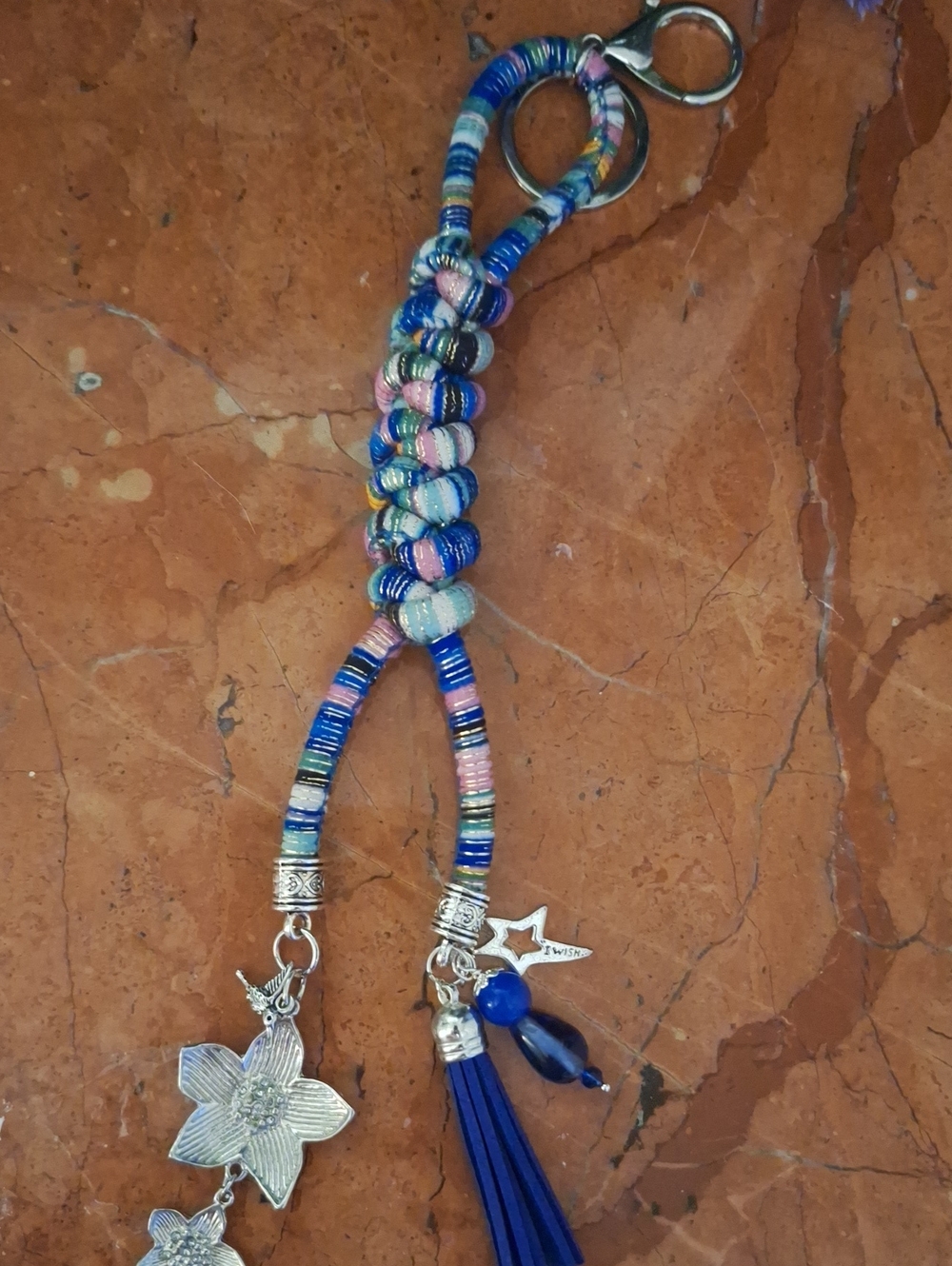 Bohemian Multicolor Beaded Tassel Bag Charm Keychain with Blue Accents